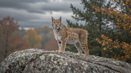 Obraz premium A majestic lynx stands poised on a rugged outcropping amidst vibrant autumn hues in a misty forest glade at dawn's hush.