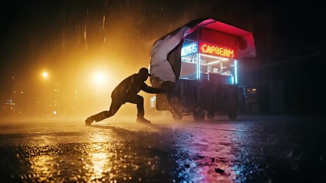 Man struggling to push a food cart in the rain at night.