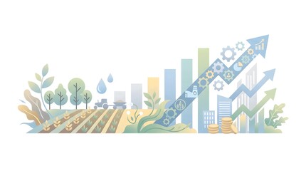 Fototapeta premium Conceptual illustration blending regenerative agriculture farming landscapes with corporate financial growth charts, symbolizing a sustainable green economy
