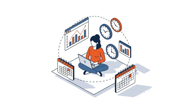 Professional woman working on her laptop for deep work productivity with clock calendar and data analytics charts for planning