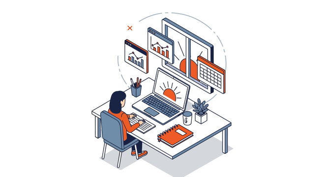 Woman desk work on laptop sun data chart day job task goal plan sit up