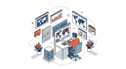 Man at desk with map and info on screen for global network work task pro