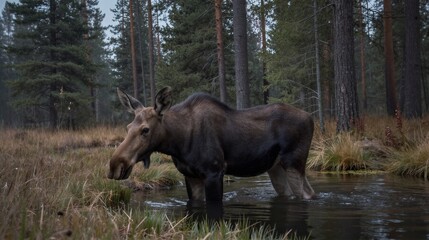 Fototapeta premium A majestic moose stands in a serene forest pool, its head turned slightly to the camera with calm curiosity.