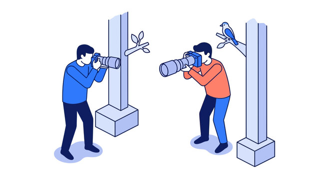 two men and a camera and a lens and a bird and a tree and a leaf