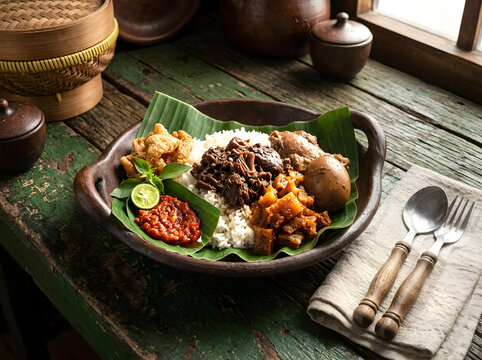 Authentic Indonesian gudeg rice dish served in rustic clay bowl with jack fruit stew, juicy krecek, braised egg, fried chicken

