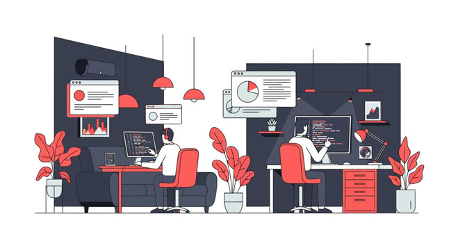 A tech team of two men who work hard at code on desks in office
