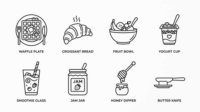 Minimalist black-and-white breakfast icon set with waffle, croissant, fruit bowl, yogurt, smoothie, jam, honey dipper, and butter knife.