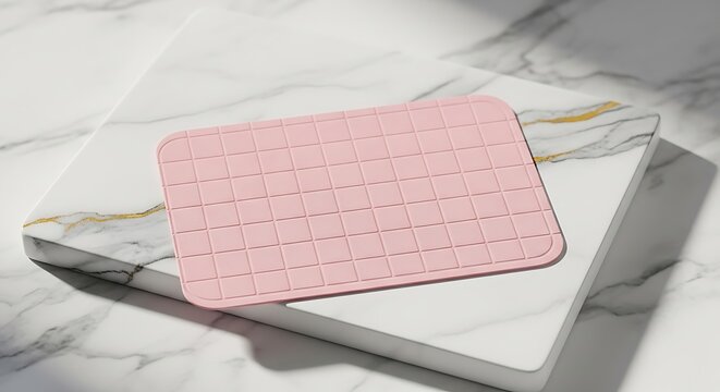 A pink grid sticker is placed on top of a white marble book with gold accents on a white marble surface.