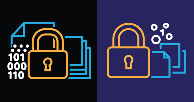 Data security icons: locked files with binary code and padlock, data protection, data management