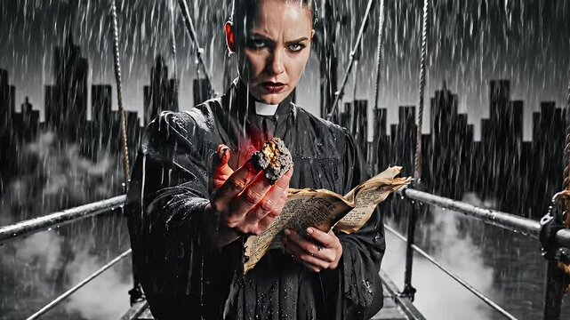 Mysterious Priestess Holds a Book and a Bloody Object in the Rain.