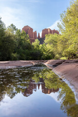 Fototapeta premium Cathedral Rock formation reflected in puddle vertical