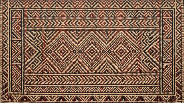 Flat texture of a traditional Dumbara woven reed mat, intricate geometric patterns in dyed earthy red and black fibers.
