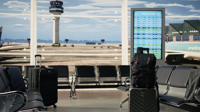 Airport departure lounge with no people present shows information screen with boarding updates, delays and departure gates. Unattended suitcases and backpacks in empty interior.