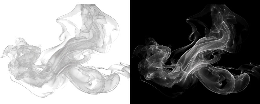 Dynamic white smoke waves flowing horizontally on solid black canvas