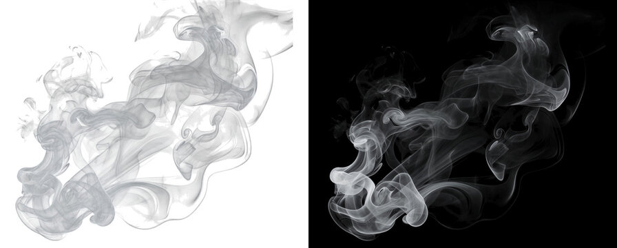 Abstract white smoke swirls over black background for digital design
