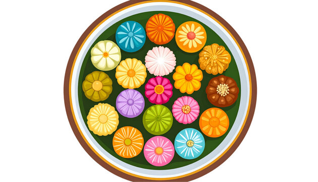 Vibrant assortment of Indonesian traditional snacks (jajanan pasar) arranged on a banana leaf-lined tray, featuring colorful kue in various shapes, perfect for festive occasions and cultural gathering