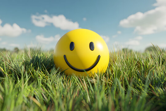A yellow smiley face ball in a field of grass.	
