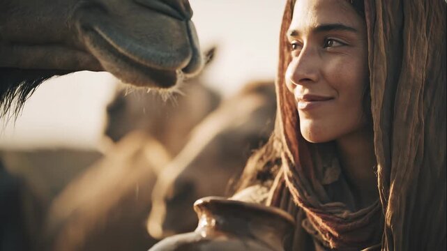 Rebekah waters a camel from a clay jar. Bible story.