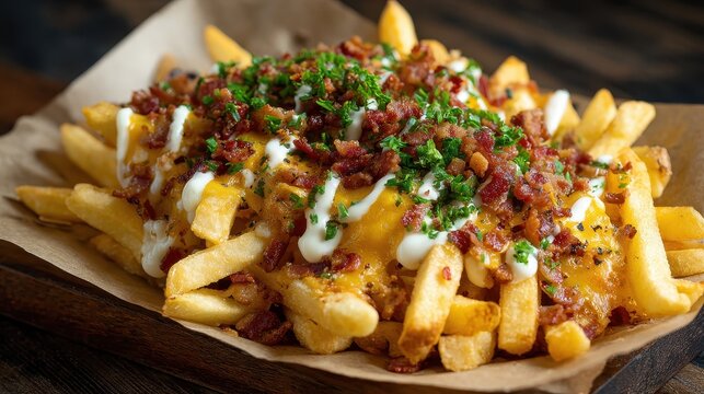 Loaded french fries with melted cheese, crispy bacon bits, and sour cream