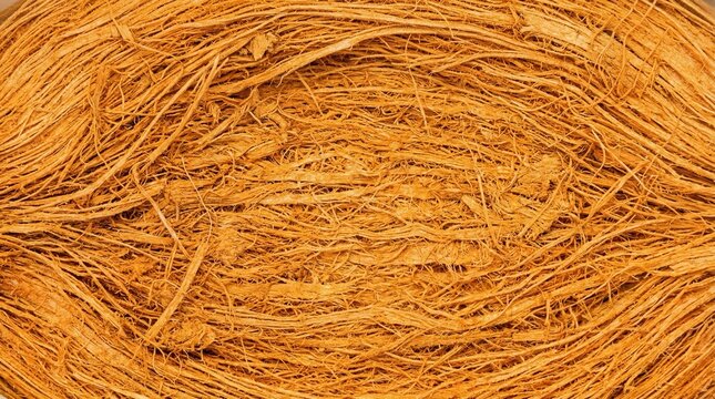 Flat texture of the bright orange fibrous husk of a king coconut, coarse vibrant authentic tropical background.
