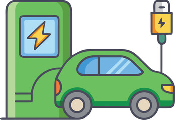 Naklejka premium Green electric car charging at a modern station illustration