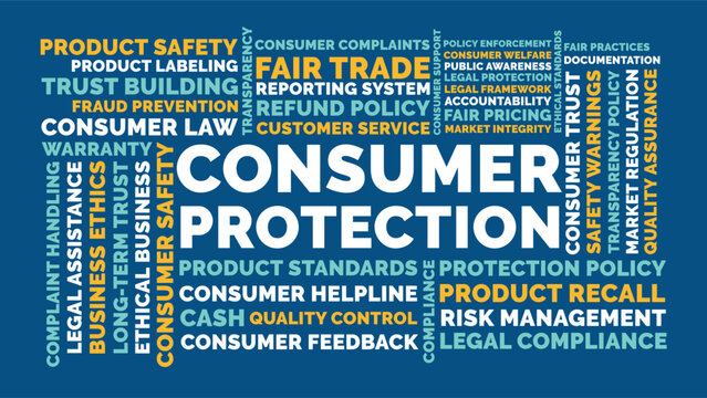 Consumer Protection Word Cloud for Consumer Rights, Product Safety, Fair Trade, Legal Compliance and Market Transparency