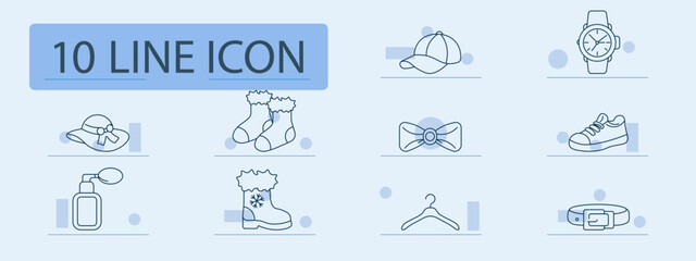 Fototapeta premium Fashion accessories set icon. Cap, watch, bowtie, sneaker, perfume, boots, hanger, belt, clothing, style, apparel, boutique, wardrobe, elegance, collection, retail