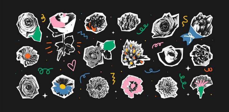 Halftone Spring Flowers. Collage blossoms elements big set. Floral paper cut out stickers with vintage dotted texture and doodles. Retro vector illustration. Vintage Bouquet.