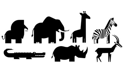 African Wildlife Animal Silhouette Cartoon Style Vector Set Isolated © MstRahana