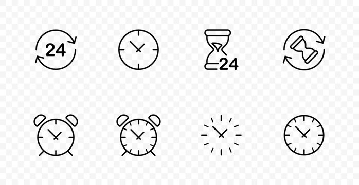 Time management set icon. 24 hours cycle, clock face, hourglass deadline, alarm clock, schedule control, reminder, punctuality, productivity, planning, work organization