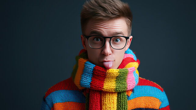 Young man in colorful knitted sweater and scarf sticking out his tongue