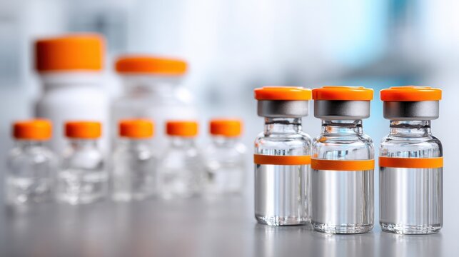 Medical vaccine vials with orange caps on a laboratory table