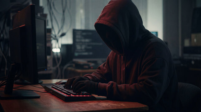 Silhouette of Anonymous Hacker Typing on Glowing Red Keyboard