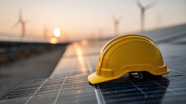Yellow hard hat on solar panels with wind turbines at sunset