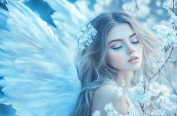 Naklejka premium An angel sits serenely on a cloud, bathed in morning light as a gentle breeze carries whispers of celestial grace.