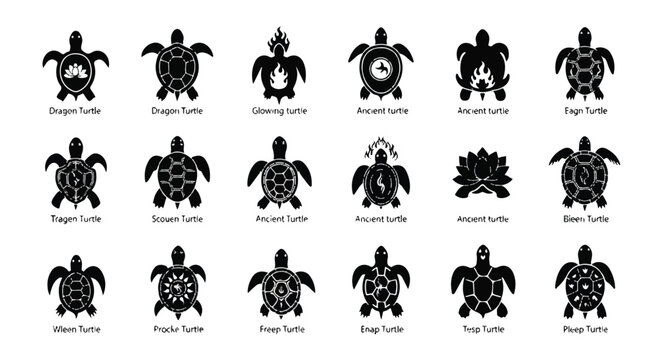 Collection of stylized turtle and emblems with various shell patterns and mystical symbols in black and white