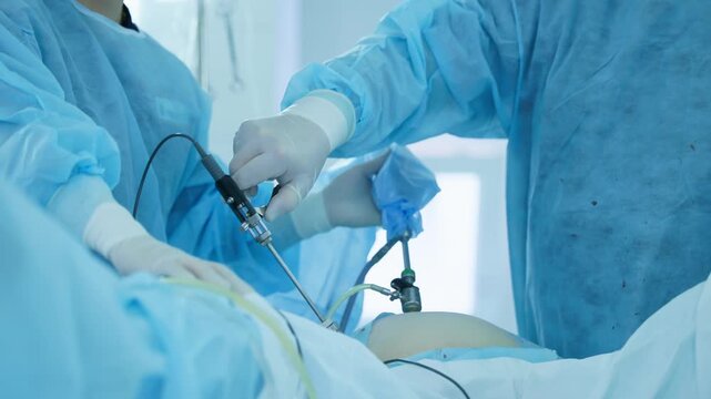 Surgical team operating with laparoscopic tools in operating room, closeup hand of doctor with manipulator.