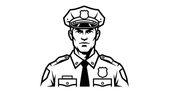 Detailed Line Art Illustration of a Stern-Looking Police Officer.