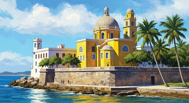 Yellow colonial church with dome and bell tower on a stone fortress wall by the blue sea under a bright sunny summer sky