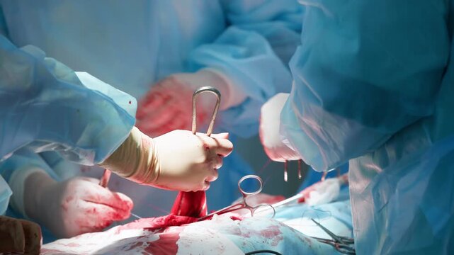Closeup surgical instruments and hands moving in clinic. Surgeons performing open abdominal surgery in operating room.