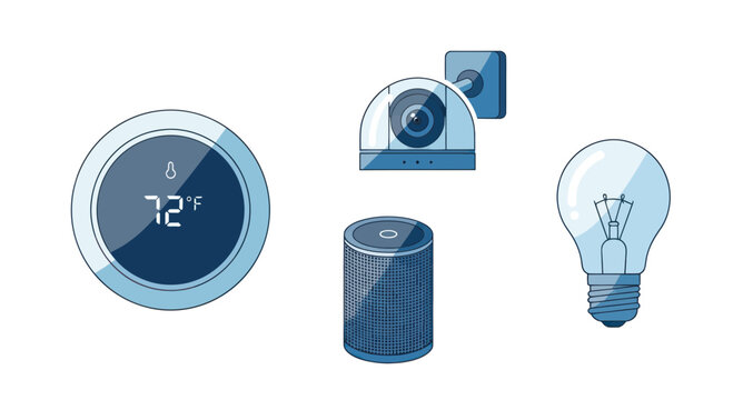 Smart home devices, thermostat, security camera, light bulb icons, vector