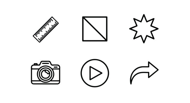 Set of six simple black and white line representing a ruler triangle star camera play button and arrow