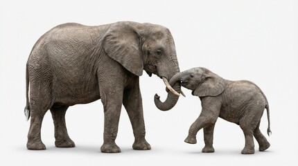 Obraz premium Baby Elephant Playing with Mother Elephant on White Background with Soft Shadows, Ultra Realistic 8K