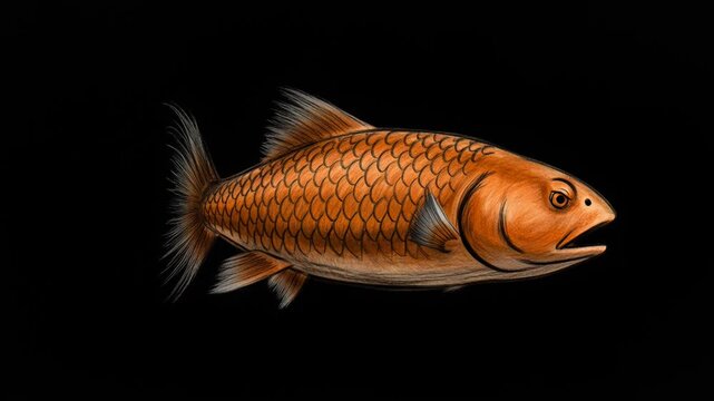 Golden Fish Swimming on Black Background.