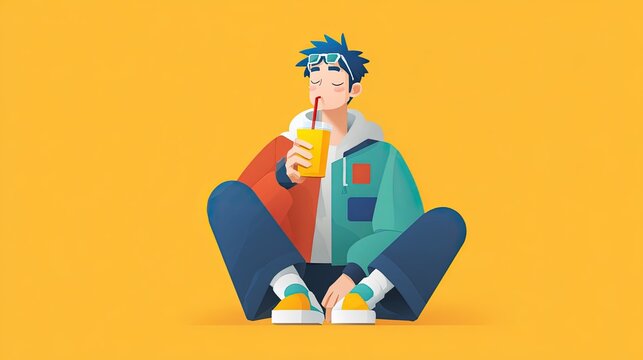 A relaxed character sips juice from a glass using a colorful straw, against a bright background. A simple and refreshing illustration of a moment of enjoyment.