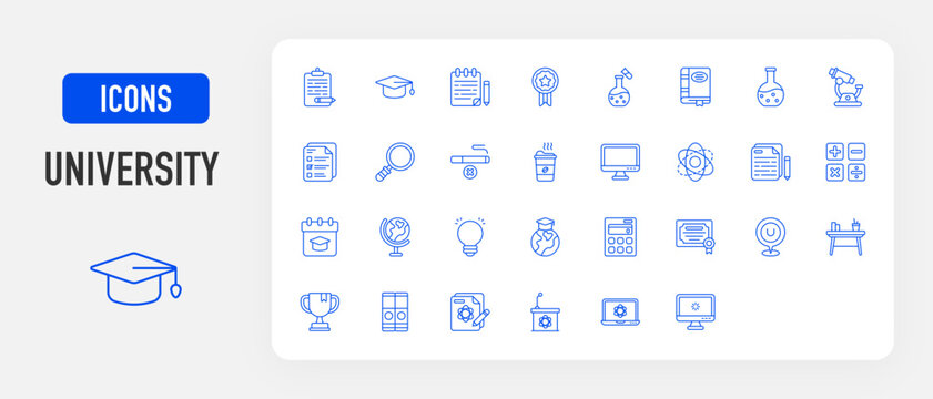 University icon. Note Book, Exam, Graduation Cap, Medal, Research, Book, Chemistry Flask, Microscope, Paper, Magnifying Glass, No Smoking, Coffee Cup, Computer, Science, Document vector. 