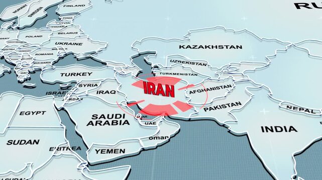A 3D world map highlights Strait of Hormuz, and Iran, the Middle East, IRAN map,  IRAN,