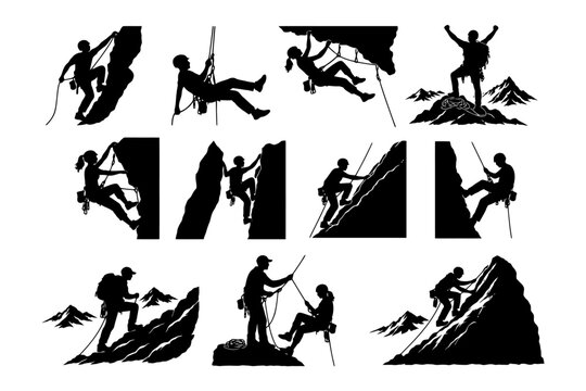 Silhouettes of climbers: diverse positions and mountain scenes.
