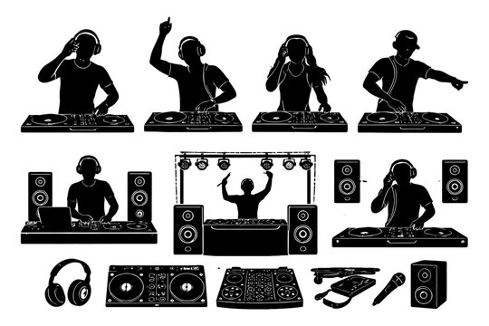 Silhouettes of djs performing with audio equipment and headphones.