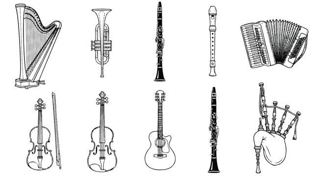 Ten various musical instruments illustrated in black and white line style for orchestra and band music themes